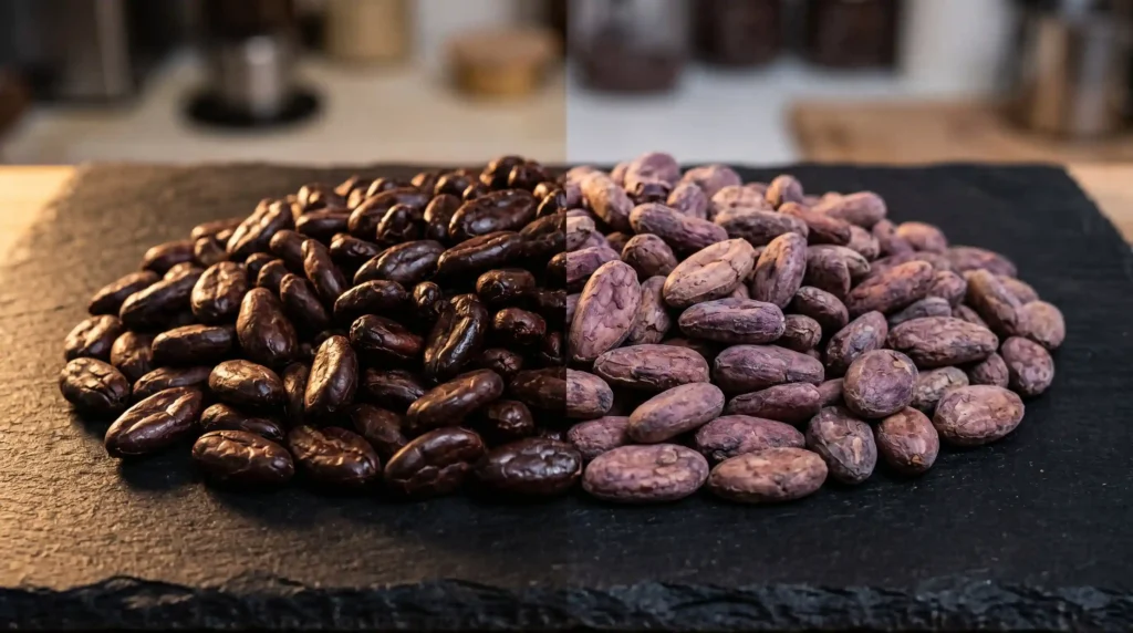 roasted cacao beans vs raw cacao split