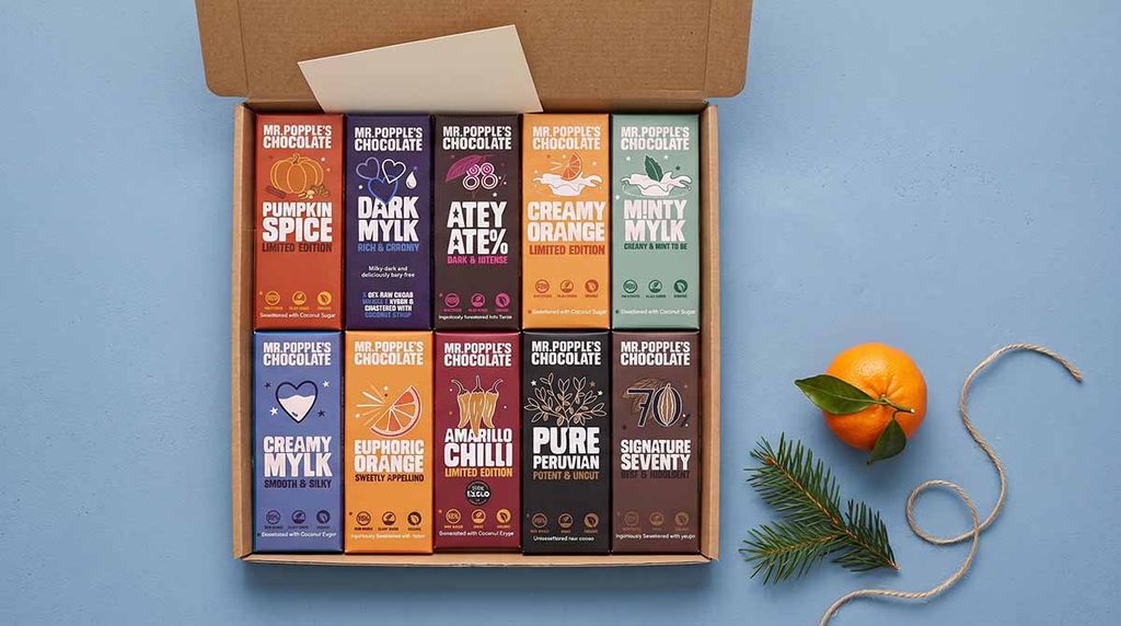 letterbox gift box of vegan chocolate bars with note card satsuma and pine