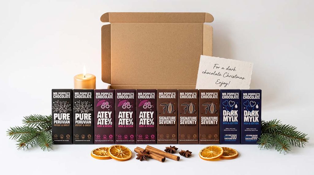 mr popples chocolate dark and rich collection open box ten 35g bars christmas fir orange candle