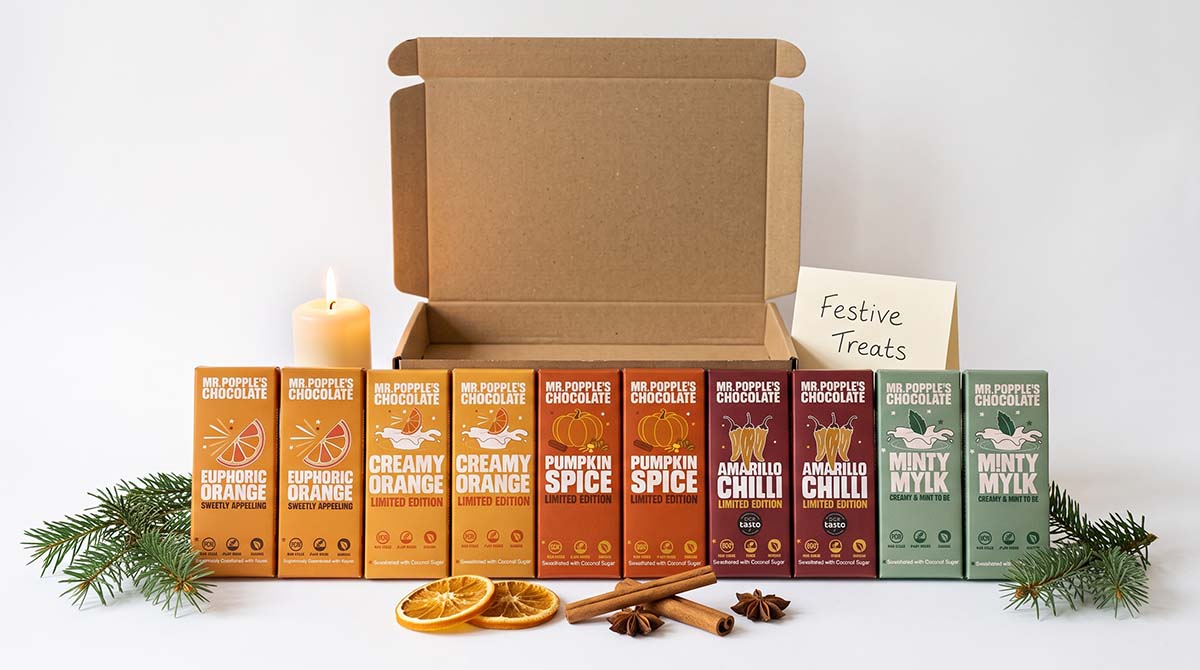 mr popples chocolate fresh and fruity collection open box ten 35g bars christmas fir orange candle