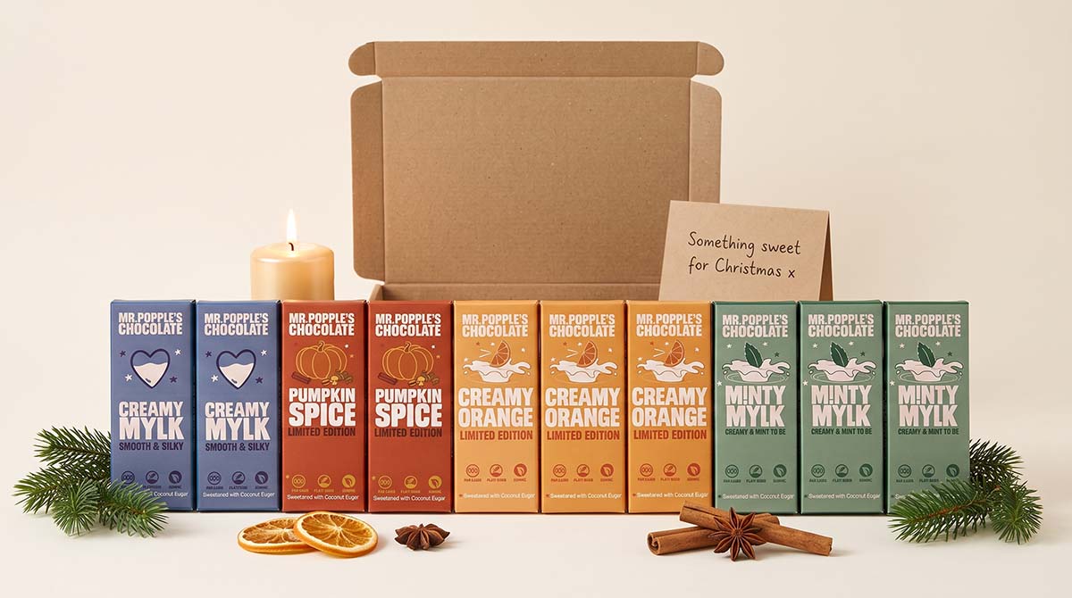 mr popples chocolate sweet and creamy collection open box ten 35g bars christmas fir orange candle