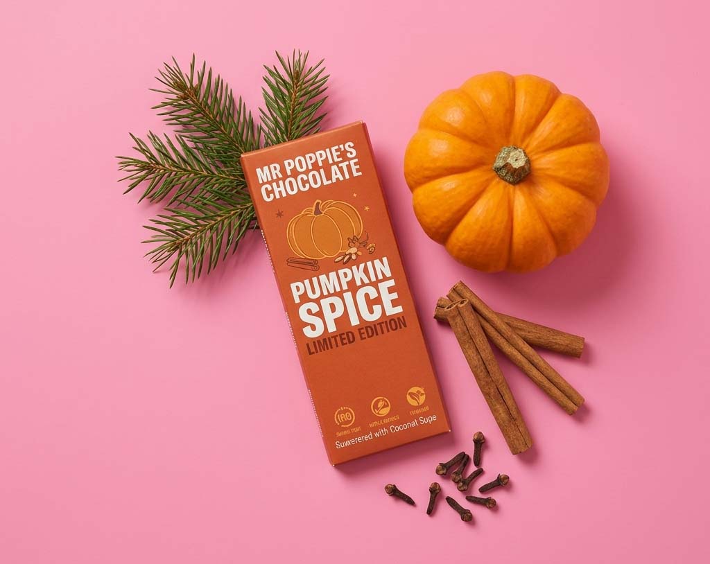 mr popples pumpkin spice raw vegan chocolate bar with pumpkin cinnamon and cloves
