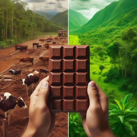 Image showing someone holding a bar of chocolate. Once half of the background shows the environmental damage from dairy farming, and the other half shows a green forest