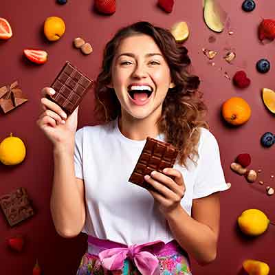 Girl eating a gluten free chocolate bar and looking very happy