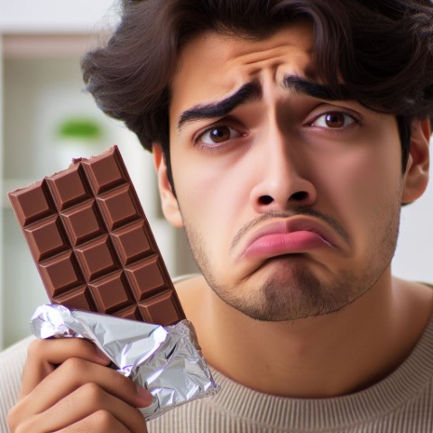 A man looking unhappy and distressed due to an allergy or intolerance when eating a chocolate bar made from dairy milk