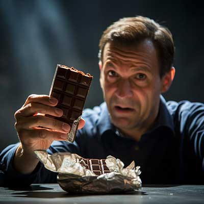An unwell man holding an unwrapped milk chocolate bar