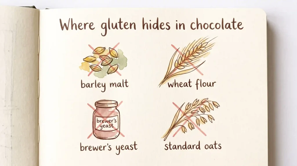 where gluten hides in chocolate barley malt wheat brewers yeast oats
