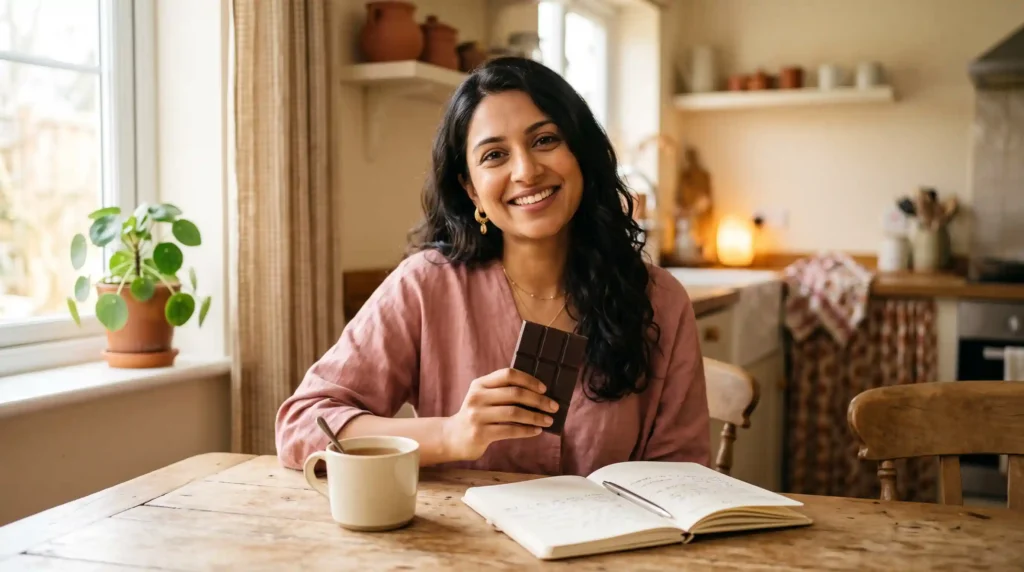 woman enjoying gluten free chocolate bar suitable for coeliacs
