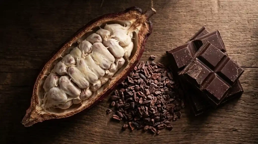 cacao pod with nibs and chocolate