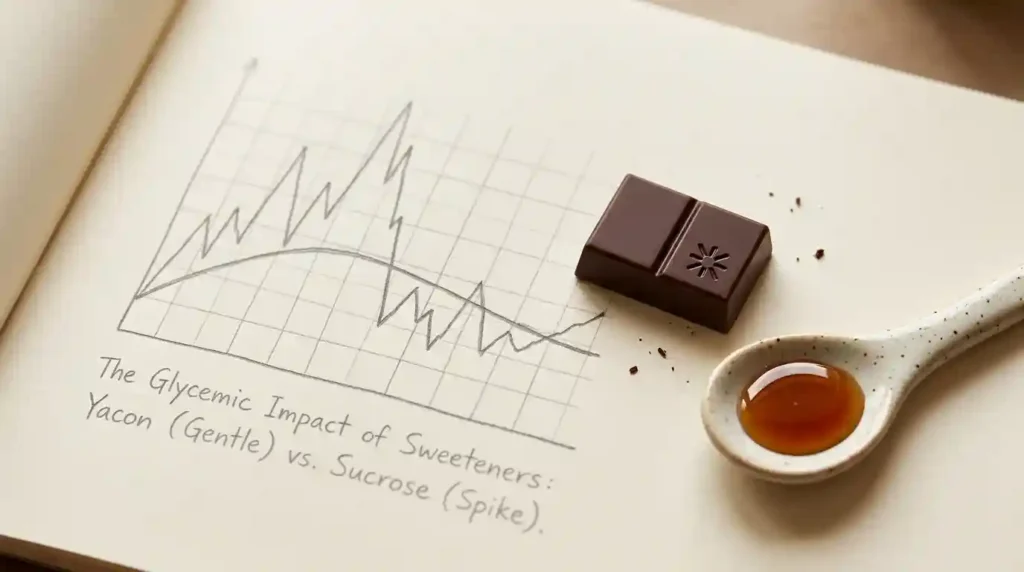 glycemic index sweeteners square of chocolate spoon of yacon