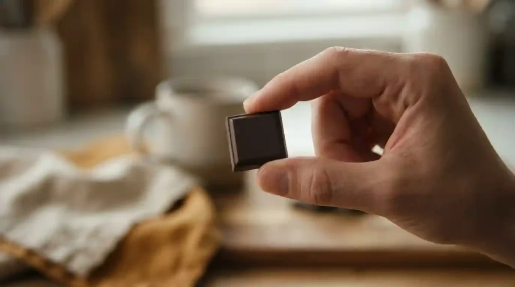 hand holding square chocolate