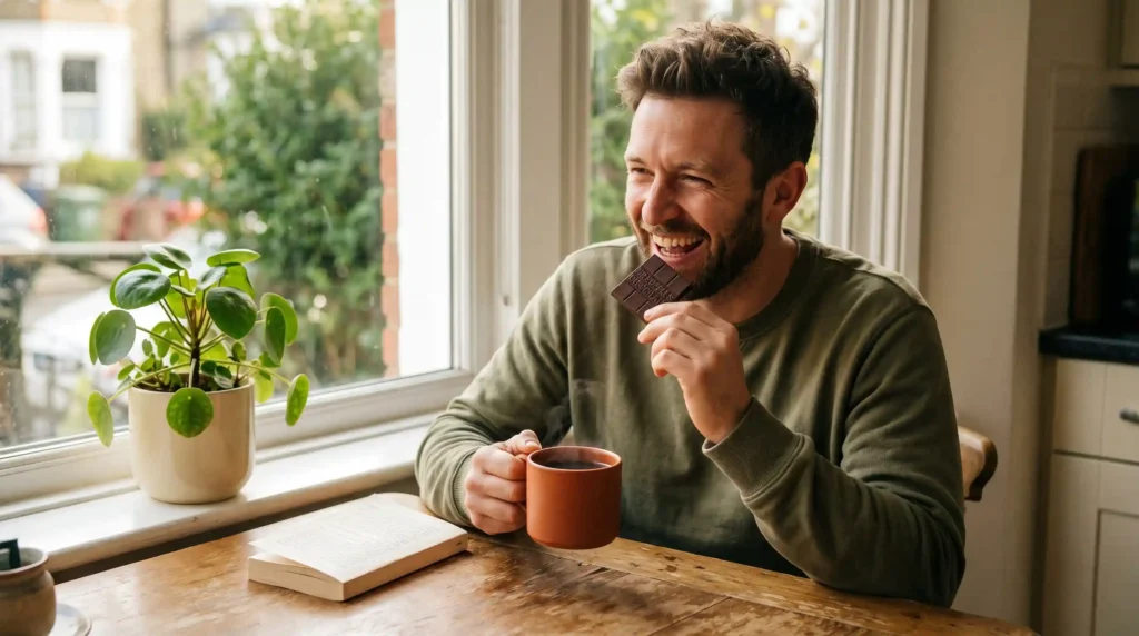 man laughiing eating mr popples chocolate