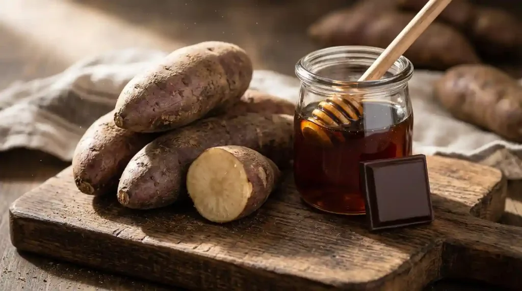tubers of yacon and yacon syrup with chocolate