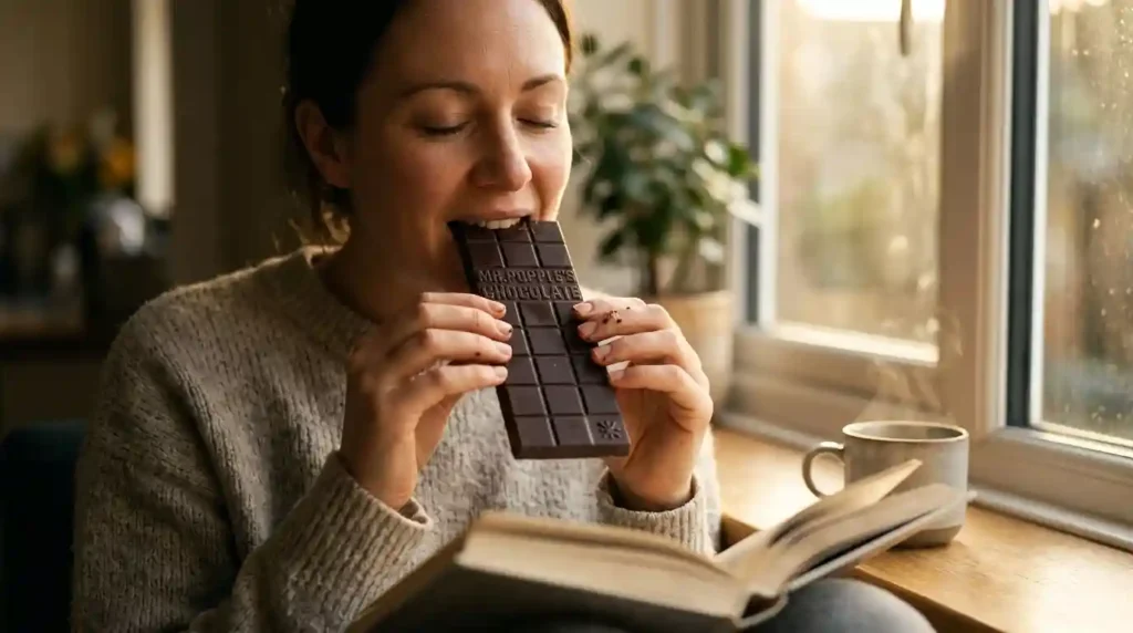 woman eating bar of mr popples chocolate
