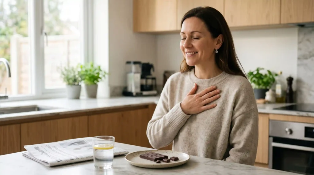 woman enjoying mr popples chocolate in kitchen