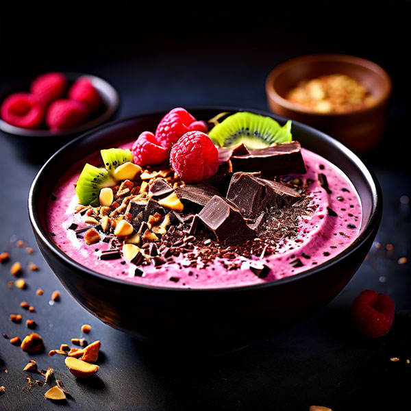Energizing smoothie bowl topped with cacao and raw chocolate