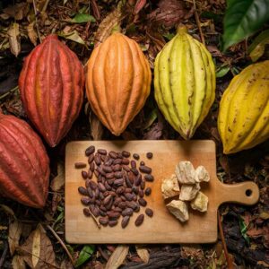 Criollo Cacao pods on the rainforest floor, with some cacao beans and chunks of chocolate