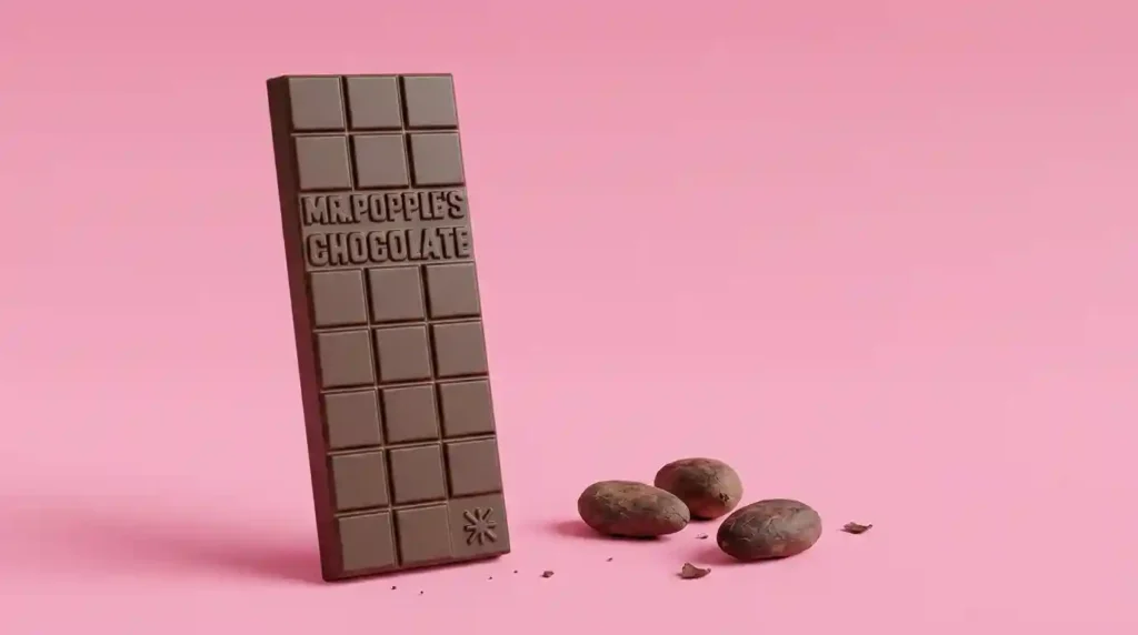 35g Mr Popples Chocolate bar with cacao beans pink background3