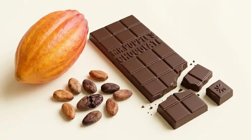 broken 35g Mr Popples Chocolate bar with cacao pod and beans