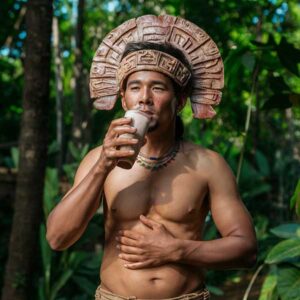 An ancient aztec sipping on a cacao drink holding his stomach