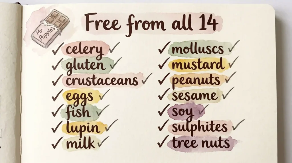 mr popples chocolate free from 14 allergens checklist illustration