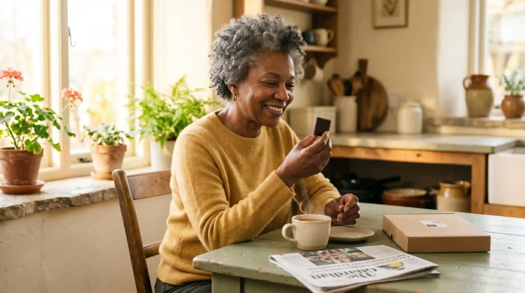 woman enjoying allergen free dark chocolate square kitchen table