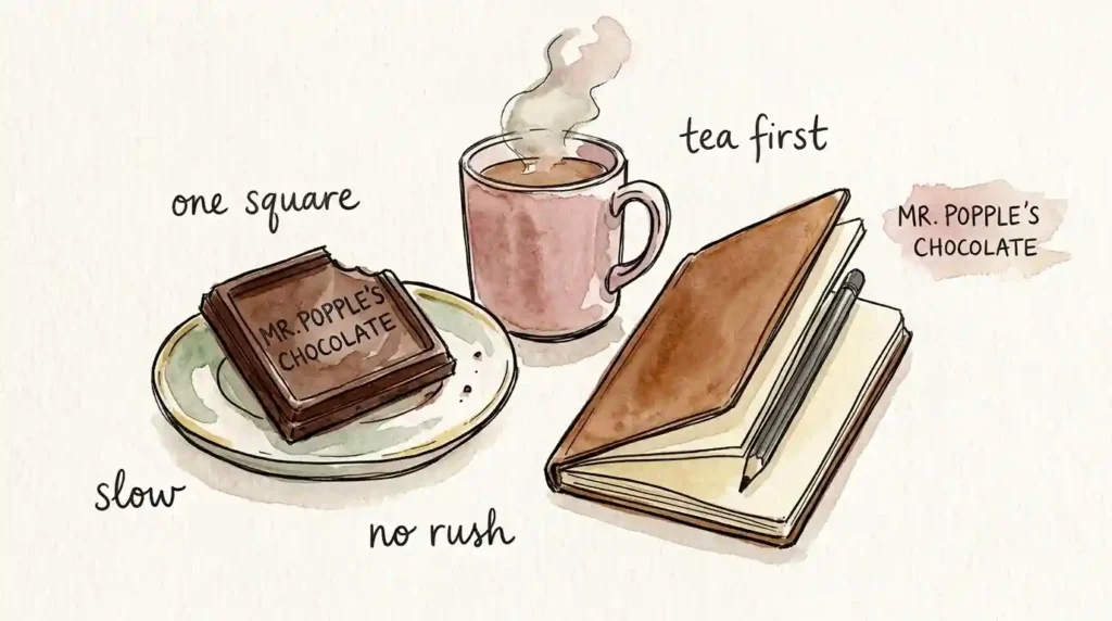 combine mr popples chocolate with tea slow no rush