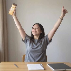 student holding chocolate bar victory pose