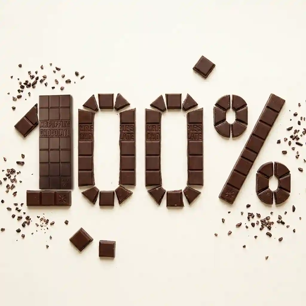broken mr popples raw chocolate pieces spelling 100 percent with cocoa nibs on cream