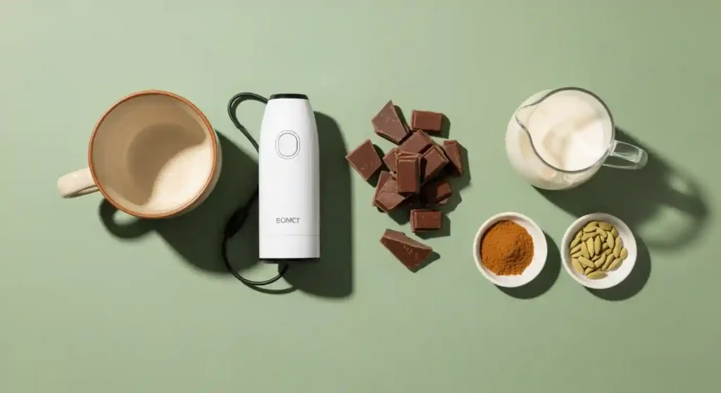 cacao drink ingredients and kit flat lay