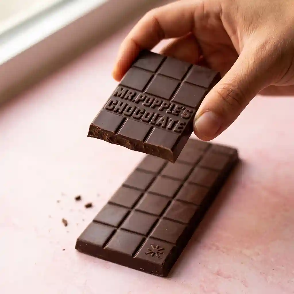 hand holding broken square of mr popples pure peruvian 100 percent raw chocolate on pink