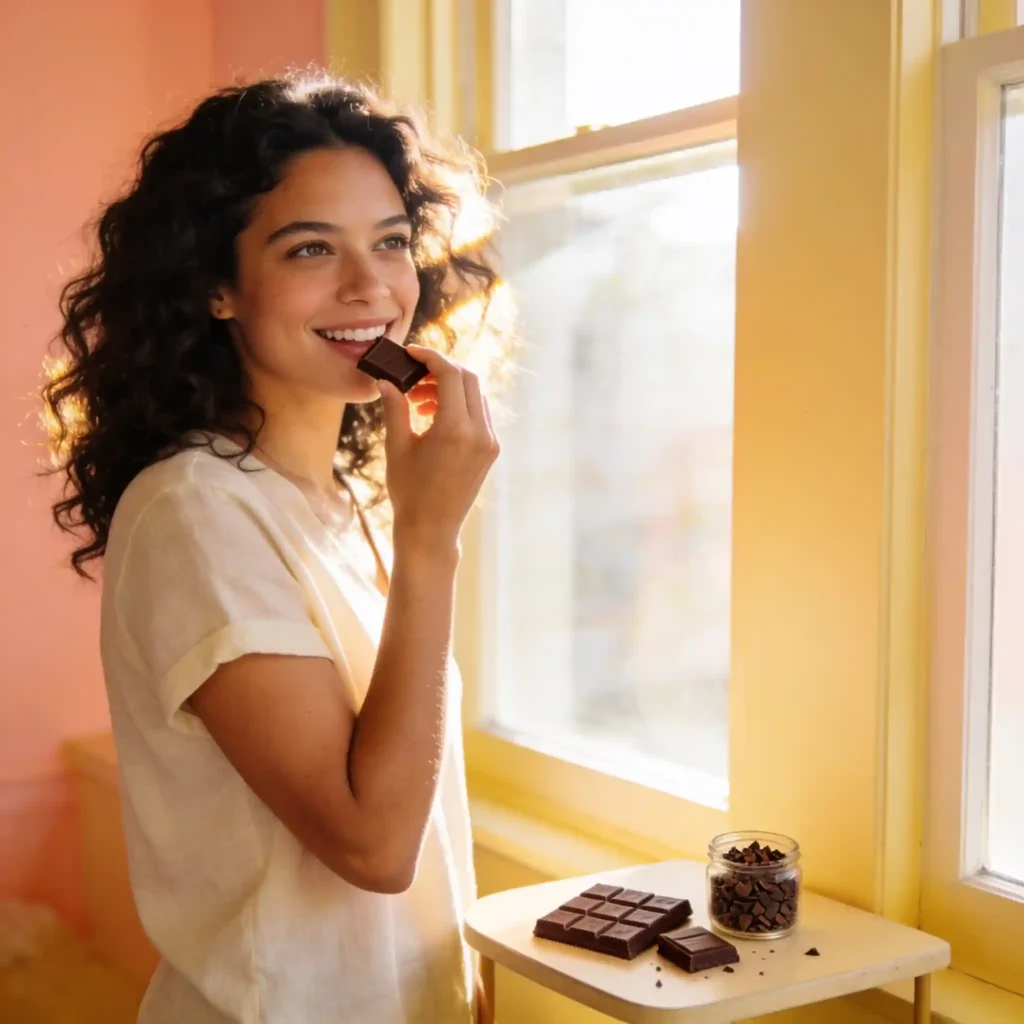 young woman by sunlit window smiling with calm gentle energy after eating dark chocolate 2
