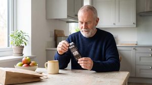 A man at a kitchen table turning over a Mr Popple's Chocolate Pure Peruvian 35g bar to read the back of the wrapper