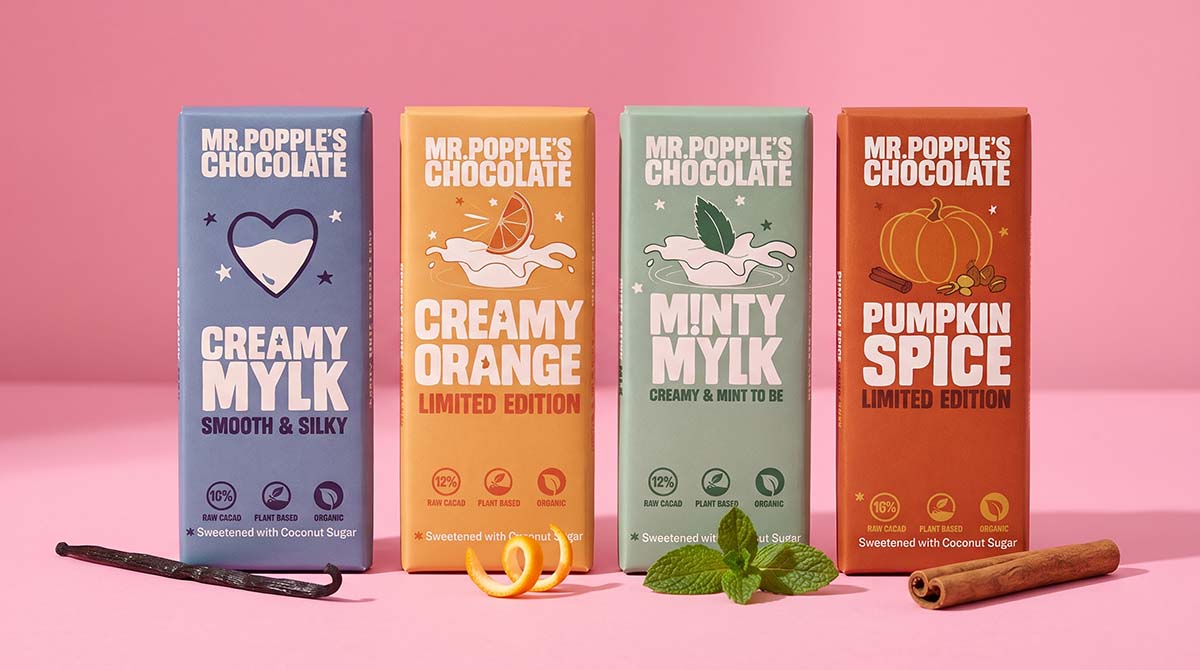 Mr Popple's Chocolate dairy-free mylk bars in their wrappers: Creamy Mylk, Creamy Orange, Minty Mylk and Pumpkin Spice