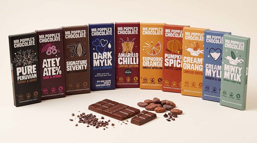Mr Popple’s Chocolate 35g bar range: Pure Peruvian, Atey Ate%, Signature Seventy, Dark Mylk, Amarillo Chilli, Euphoric Orange, Pumpkin Spice, Creamy Orange, Creamy Mylk and Minty Mylk, with a snapped bar