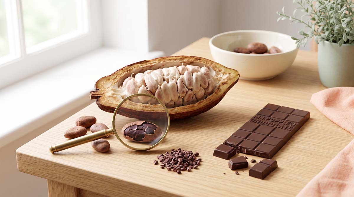 Split cacao pod, unroasted cacao beans and nibs under a magnifying glass, beside a bar of Mr Popple's chocolate made from raw cacao
