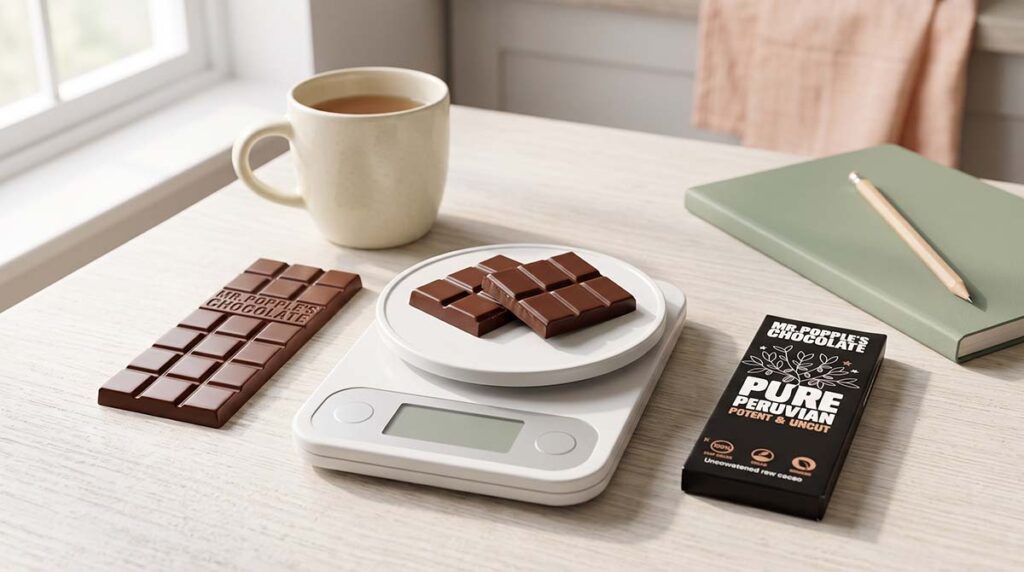 Two squares of Mr Popple's Chocolate on a kitchen scale beside a Pure Peruvian 35g bar and a mug of tea