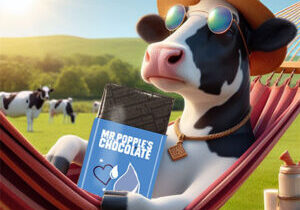 cow in a hammock in a field, wearing sunglasses and eating a dairy free chocolate bar
