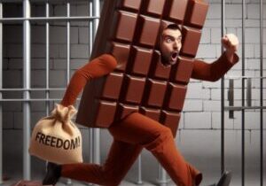 A man dressed as a free from chocolate bar escaping from a prison cell, holding a bag of chocolate swag that says "freedom" on it
